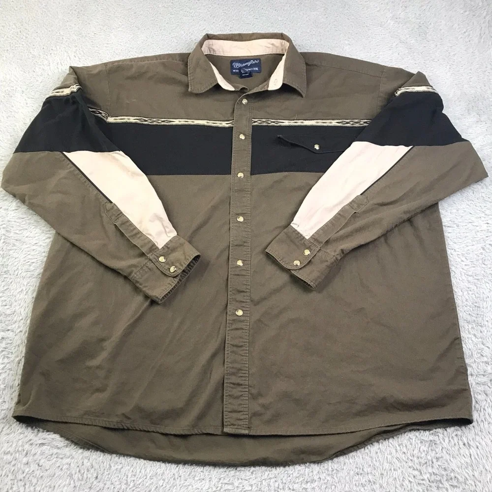 Wrangler Western Shirt Mens 2XL Olive Green Chest Sleeve Stripe Button Up‎ LS